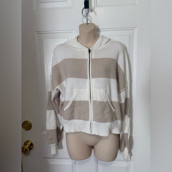 Hollister Sweaters - Hollister Cream and Beige Striped Zip-Up Hoodie